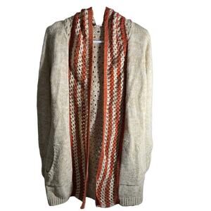Hem & Thread Open Front Knit Crochet Hooded Cardigan. Size Small or Medium